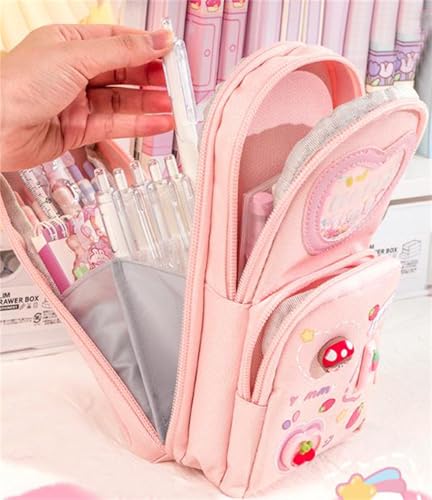 Large Capacity 3-Layer Pencil Case with 6 Compartments - B Pink