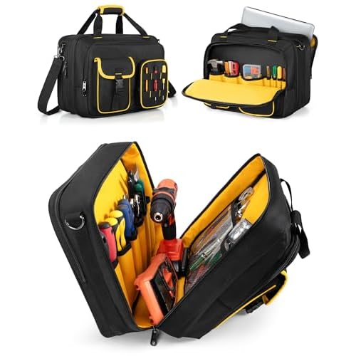 Electrician Tool Bag with Laptop Sleeve, Tool Tote with Multiple Pockets for Technicians, Black