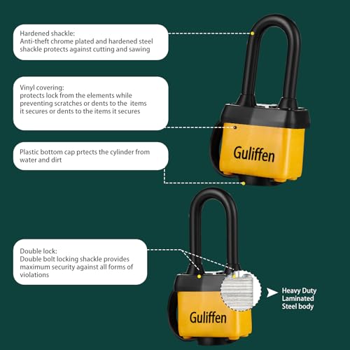 Weatherproof Laminated Steel Padlock with Same Key, Outdoor Padlock with Long Shackle for Gate, Fence, Shed,Garage, 6 Pack