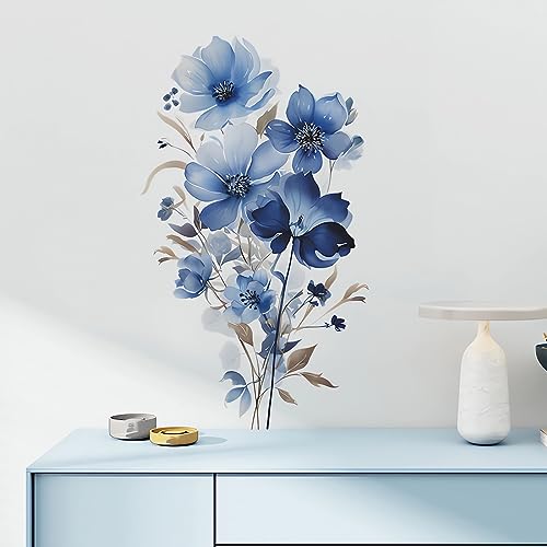 Blue Siren Daisy Peony Flower Wall Stickers, sacinora Watercolor Rose Floral Art Wall Decals Removable Vinyl Peel and Stick for Living Room Bedroom Children's Room Nursery Decorations