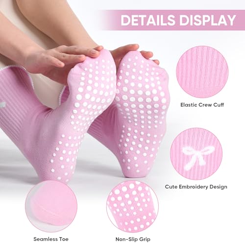 Pilates Grip Socks for Women - 4 Pairs with Bow & Hearts - Black, Off-White, Brown, Coffee