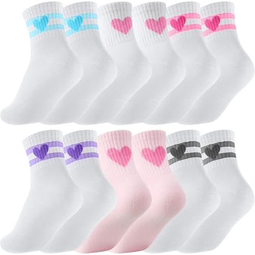 Girls Athletic Crew Socks - 6 Pairs for Ages 6-8 - Cute Light Color