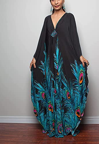 Venasha Peacock Floral Print Caftan Dress - Short Sleeve Swimsuit Cover-Up for Summer