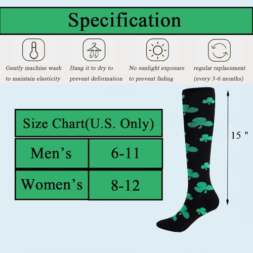 Women's Knee High Compression Socks - Shamrock Print - Large Black Green