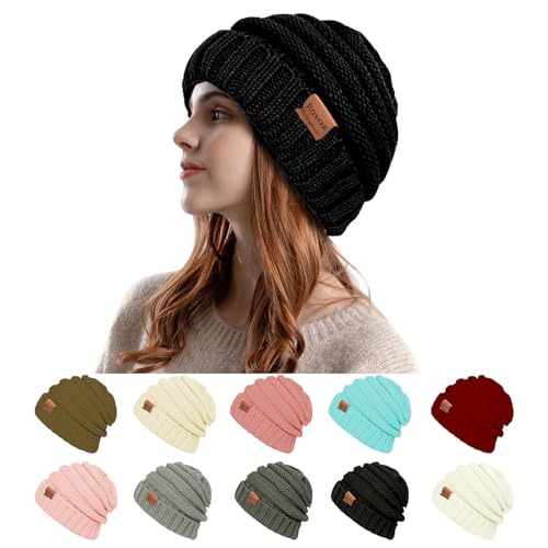Warm Slouchy Beanie Hat for Women - Thick Knit - Black