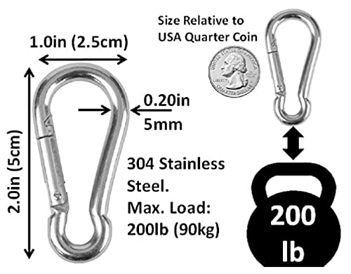 5cm Heavy Duty Stainless Steel Carabiner Snap Hooks - 2 Pack
