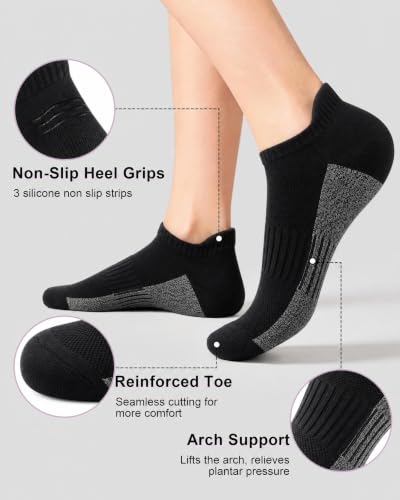 Womens Cotton Ankle Socks - 6 Pairs Athletic Running Socks - Black