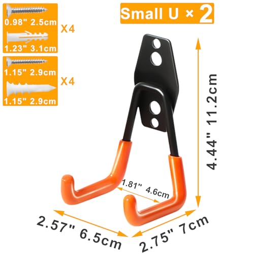 KURUI Heavy Duty Wall Hook for Hanging, 2 Pack Garage Tool Organizer Wall Mount, Metal Garage Storage Hooks for Ladder,Extension,Garden Tool, Small Utility Hook, Hose Holder for Outdoor and Indoors