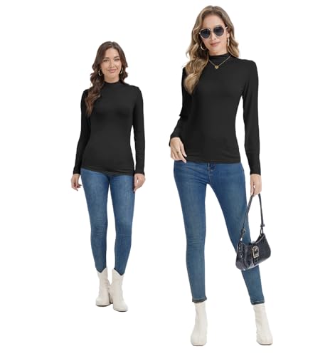 Mock Turtleneck Long Sleeve Tops for Women - Large Black
