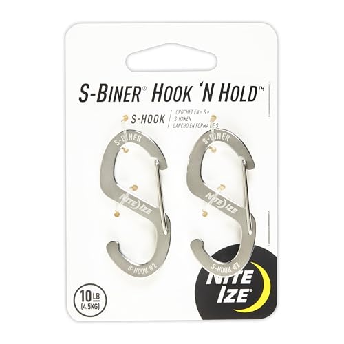 Nite Ize S-Biner Hook 'N Hold S-Hook, Stainless Steel S-Hook with Clip, Holds Keys Tumblers and More, Small 2 Pack