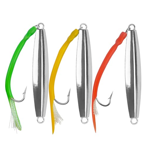 Diamond Jigs Saltwater Fishing Lures 3oz (3 Colors) Tube Tail Teaser, Stainless Steel Hook