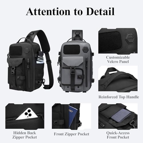 OZUKO 11L Tactical Sling Bag Black with Velcro Crossbody Shoulder Chest Bag