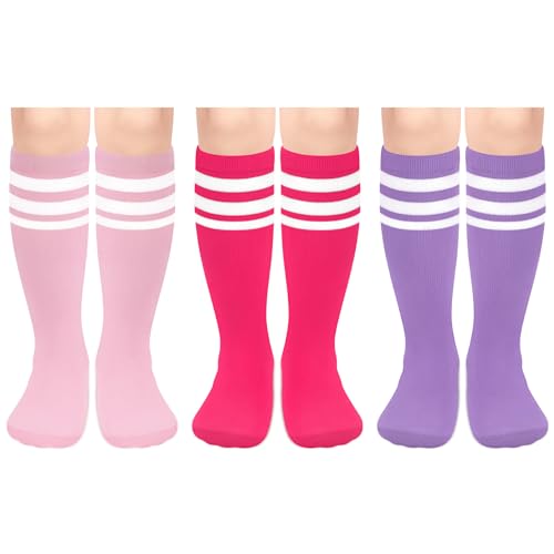 Toddler Soccer & Baseball Socks - 3 Pack for Ages 3-6 - Purple, White & Pink, White & Rose