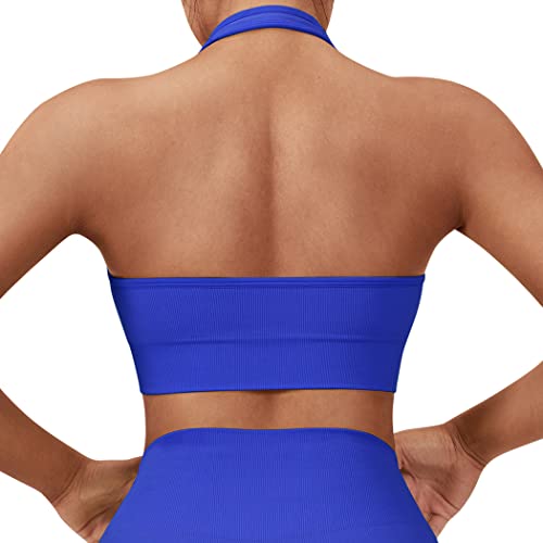 Seamless Halter Sports Bra - Open Back Padded Crop Top - Large Royal Blue