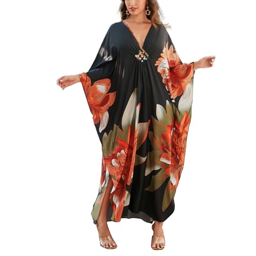 Sunforyou Plus Size Moos for Women Floral Kaftan Dress Cover-up, One Size, Orange Green