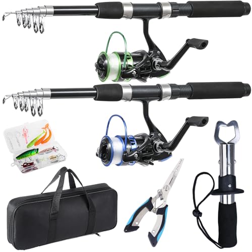 Blue & Green Telescopic Fishing Rod & Reel Combo - 2PCS Spinning Set with Accessories