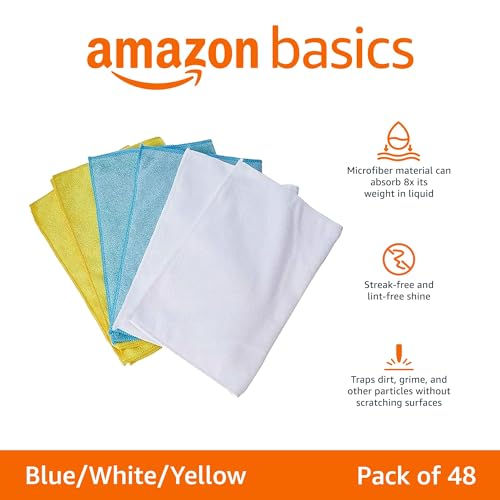 Blue/White/Yellow 48-Pack Microfiber Cleaning Cloths - Highly Absorbent & Scratch-Free
