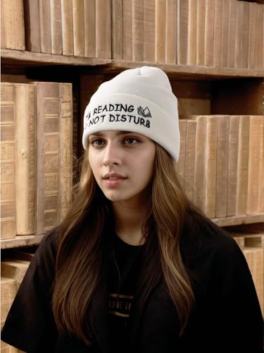 Book Lover Embroidered Beanie Hat - Reading Gift for Bookworms - White