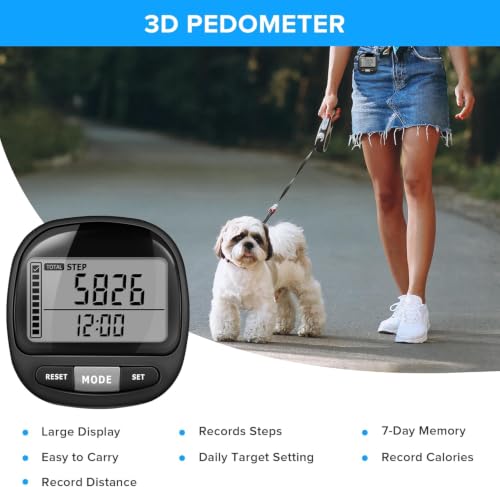 3D Pedometer Step Counter - Simple Walking Tracker with Clip