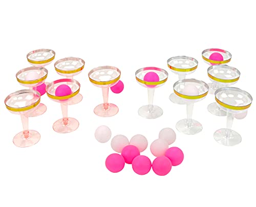 Champagne Pong Set - 21-Piece with Gold-Trimmed Cups & Pink Balls