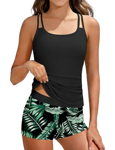 Girls 2-Piece Tankini Swimsuit with Printed Shorts - Black, 15-16 Years