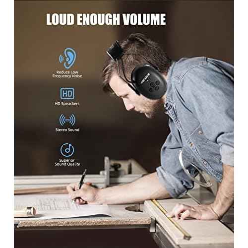 HZ07 Upgrade Bluetooth 5.3 Hearing Protection - NRR 25dB Noise Cancelling Earmuffs 40 Hours+ Playing Time with 1500mAh Rechargeable Battery for Mowing, Workshops, Black