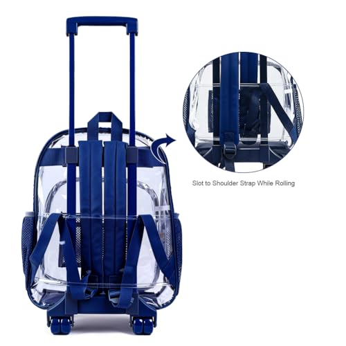 Clearworld Blue Heavy Duty Transparent Rolling Backpack with Wheels for Security & Travel