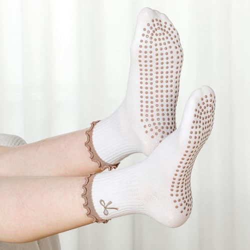 Nonslip Grip Socks for Women - Cute Pilates Socks - Brown Bow
