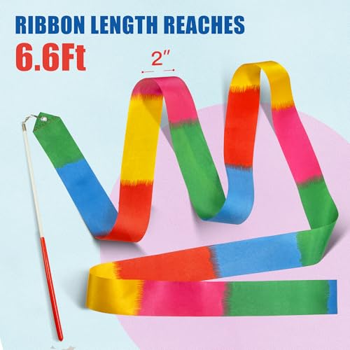 Dance Ribbons Streamers - 6.6Ft Rainbow Gymnastics Ribbon Wands - 2 Pack