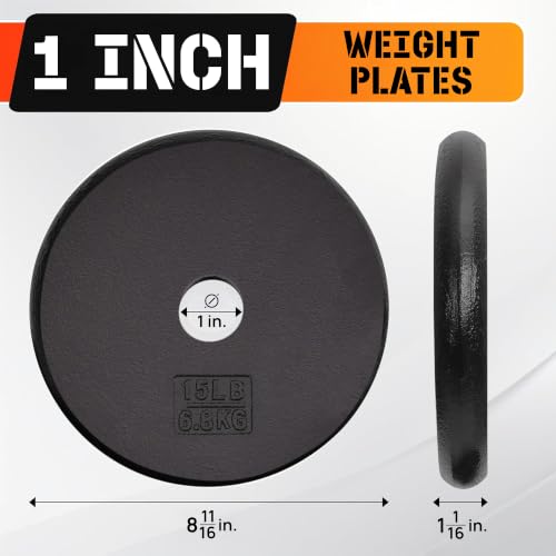 Yes4All 15lb Cast Iron Weight Plate for 1-Inch Bars – Black