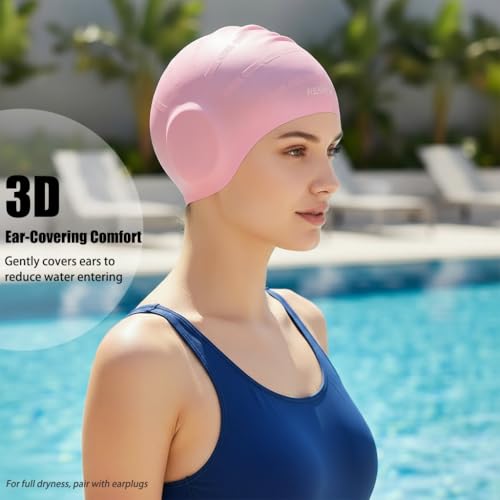 Silicone Swim Cap for Long Hair - Water-Resistant Pink Swim Hat