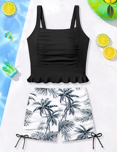 Girls' Ruffle Trim Two-Piece Swimsuit with Drawstring Shorts - 9-18Y