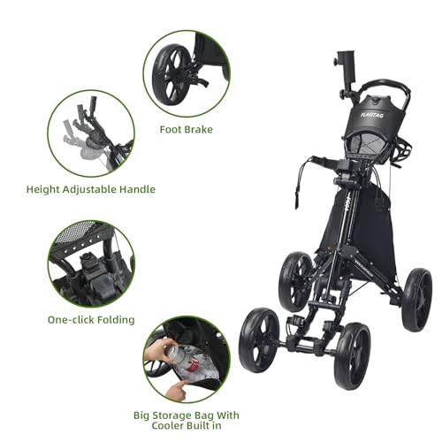 Golf Push Cart 4-Wheel Folding Trolley with Cup Holder & Cooler Bag - Black