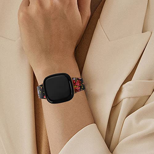Floral Leather Replacement Bands for Fitbit Sense 2/Versa 4/Versa 3, Stylish Strap for Women & Men