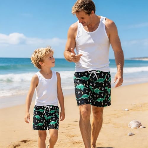 Boys Swim Trunks Quick Dry Board Shorts - Yellow Flower Black Dinosaur, 7-8 Years