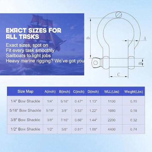 1/4 Inch Black 316 Stainless Steel D-Ring Shackle - Marine Grade