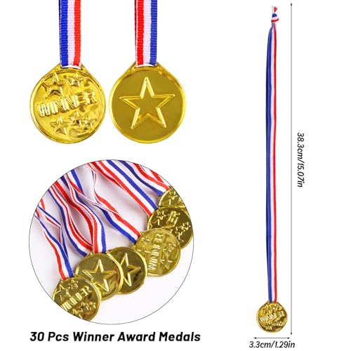 30 Pack Gold Winner Award Medals with Ribbon for Kids