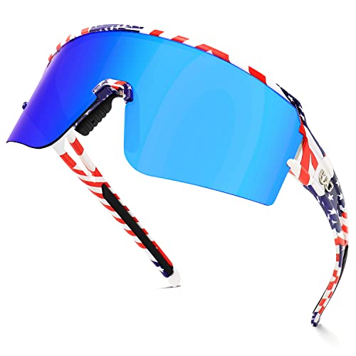 Polarized Sports Sunglasses with UV400 Protection - Flag & Blue Lens