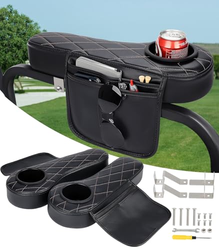 Brown Stitching Golf Cart Armrest with Cup Holder & Rear Seat Organizer, No Drilling, Fits 1-Inch Frame