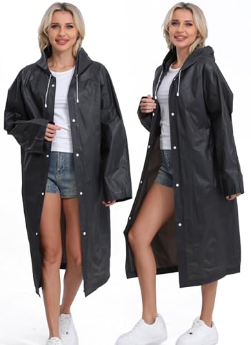 Reusable Rain Ponchos for Adults - 2-Pack Black Raincoats with Drawstring and Sleeves