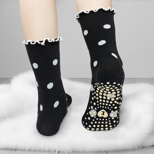 Non-Slip Yoga Socks with Grips - 3 Pairs Ruffle Cuff Crew - Gray