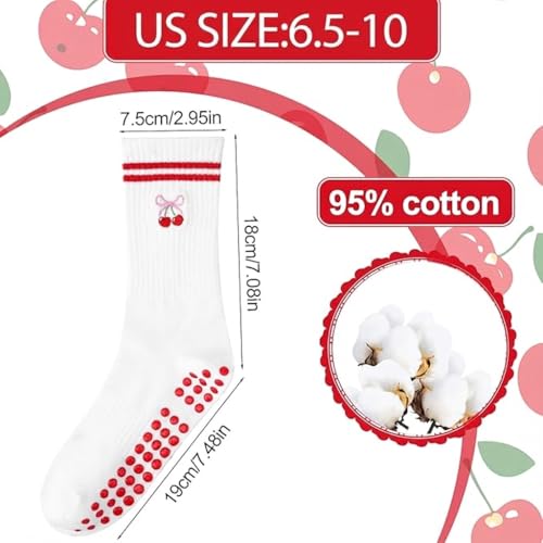 Non-Slip Pilates Yoga Socks for Women with Grips - Red Cherry