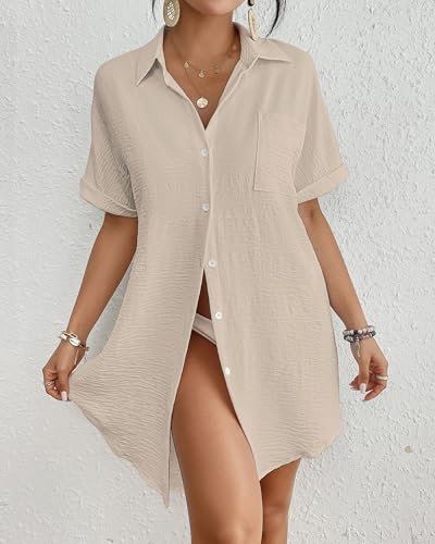 Bsubseach Women's Beige Swimsuit Coverup Shirt Dress Medium Button-Down Beach Vacation Outfits