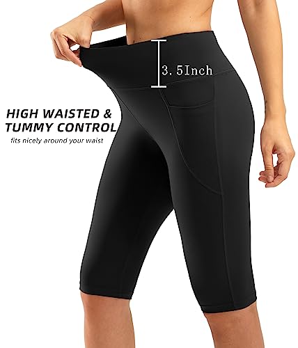 SANTINY Women's Knee Length Capris with Pockets, High Waisted Yoga Leggings - Black, Large