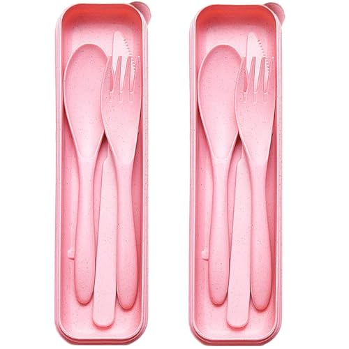Pink Reusable Travel Utensils Set with Case - Wheat Straw Eco-Friendly Cutlery