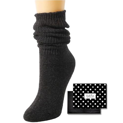 Women's Chunky Wool Slouch Socks - Scrunch Stacked Long Socks - Black Medium