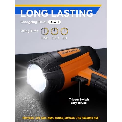 Durapower Rechargeable Spotlight, 500 Lumens LED Spotlight Flashlight, IPX2 Waterproof Handheld Spot Light for Indoor Outdoor Farm Camping Emergency (Orange)