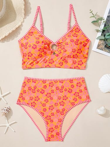 Herseas Women's High Waisted Bikini Sets 2 Piece O-Ring Bathing Suit - XL Orange Floral