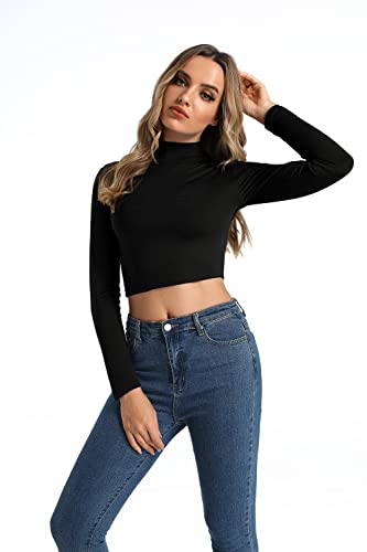 Lightweight Turtleneck Long Sleeve Crop Top - Black, X-Small