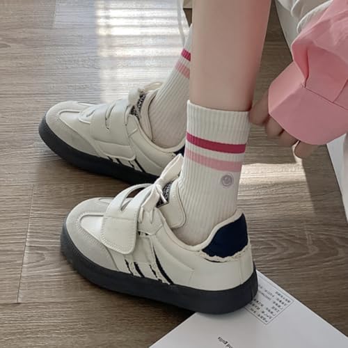 Solid Color Two Stripe Crew Socks - Pink Smiling Face